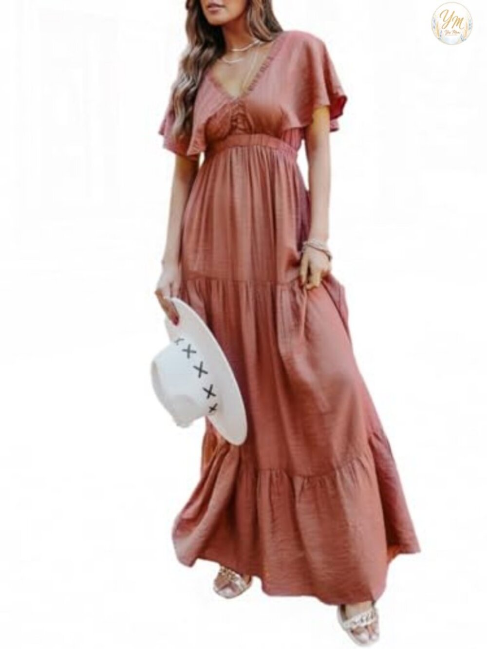 Women's Floral Maxi Dress V-Neck Short Sleeve Ruffle High Waist Flowy Bohemian